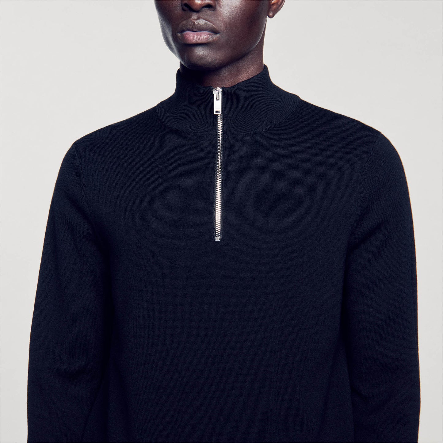 Wool Sweater With Zipped Collar Carbon black