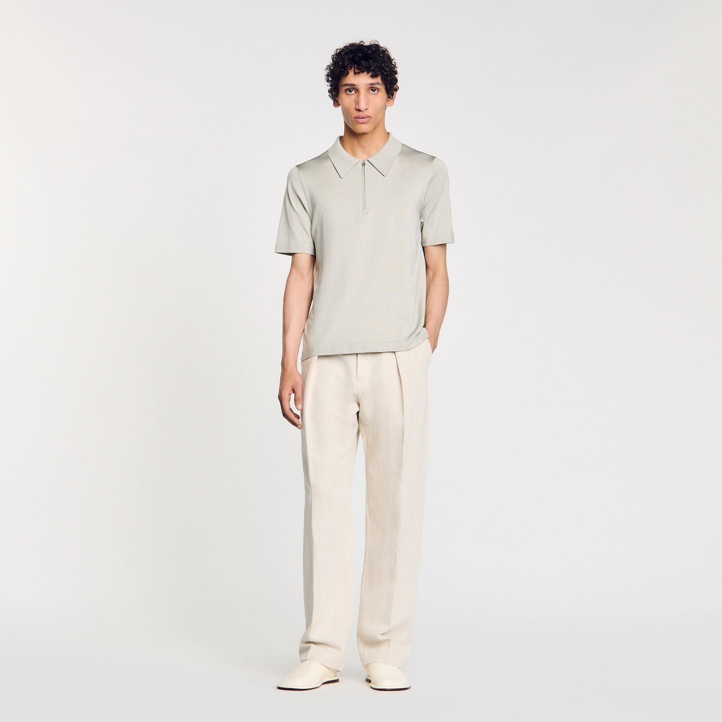 Knitted Polo Shirt With Zip Collar Steel