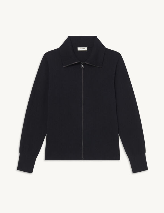 Zip-Up Wool Cardigan Black