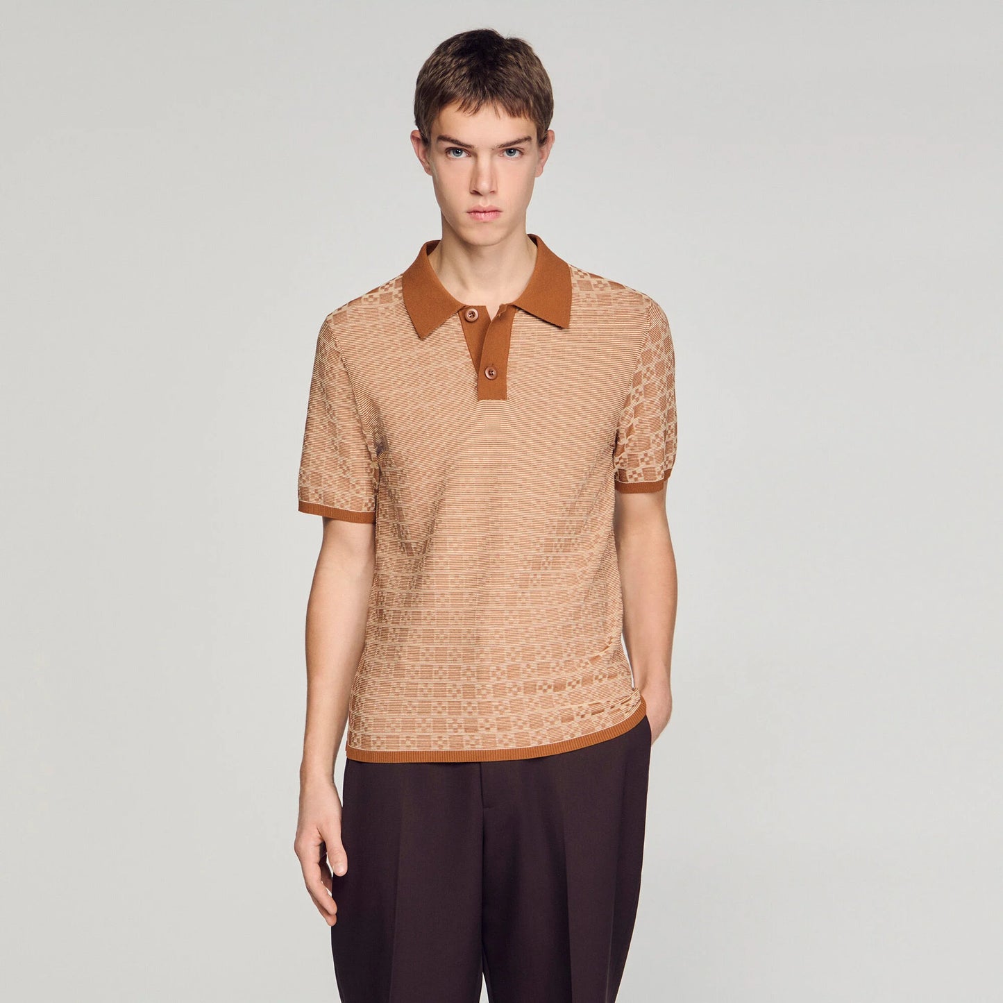 Cross Knit Polo Square Cross Polo Shirt Camel