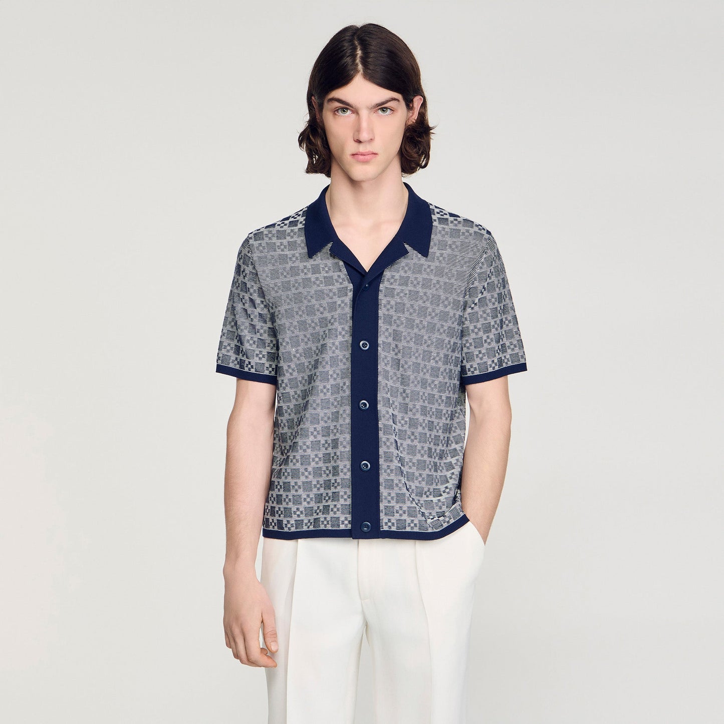 Cross Knit Shirt Square Cross Jacquard Shirt Navy Blue