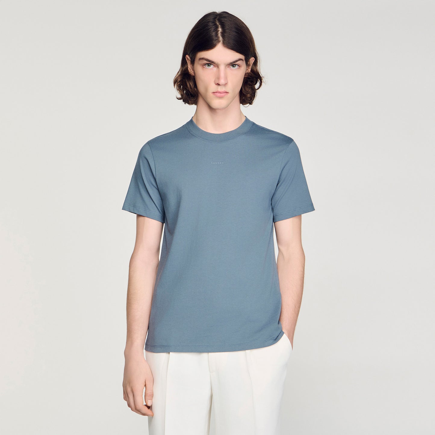 Sandro Logo Tee Cotton T-Shirt Grey / Blu