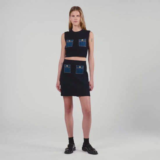 Isolde Knit And Denim Top Navy Blue