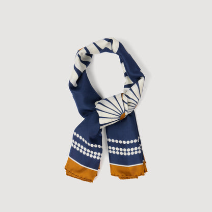 Sdaisy Bouquet Floral Silk Scarf Deep Blue / Ocher