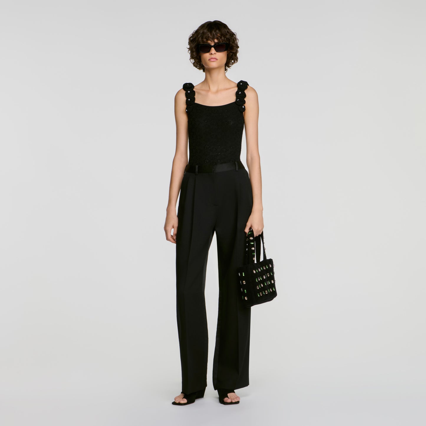Venise Knit bodysuit with beaded flowers Black