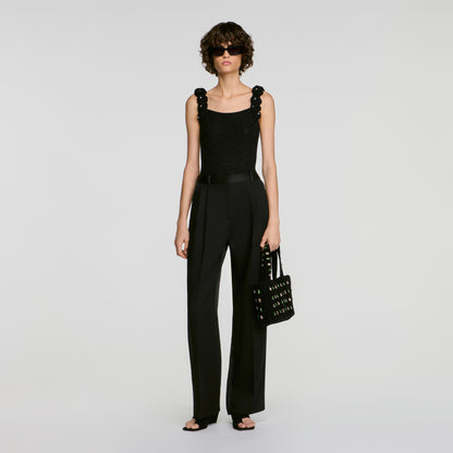 Venise Knit bodysuit with beaded flowers Black