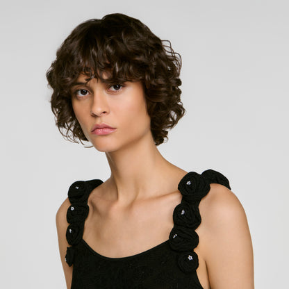 Venise Knit bodysuit with beaded flowers Black