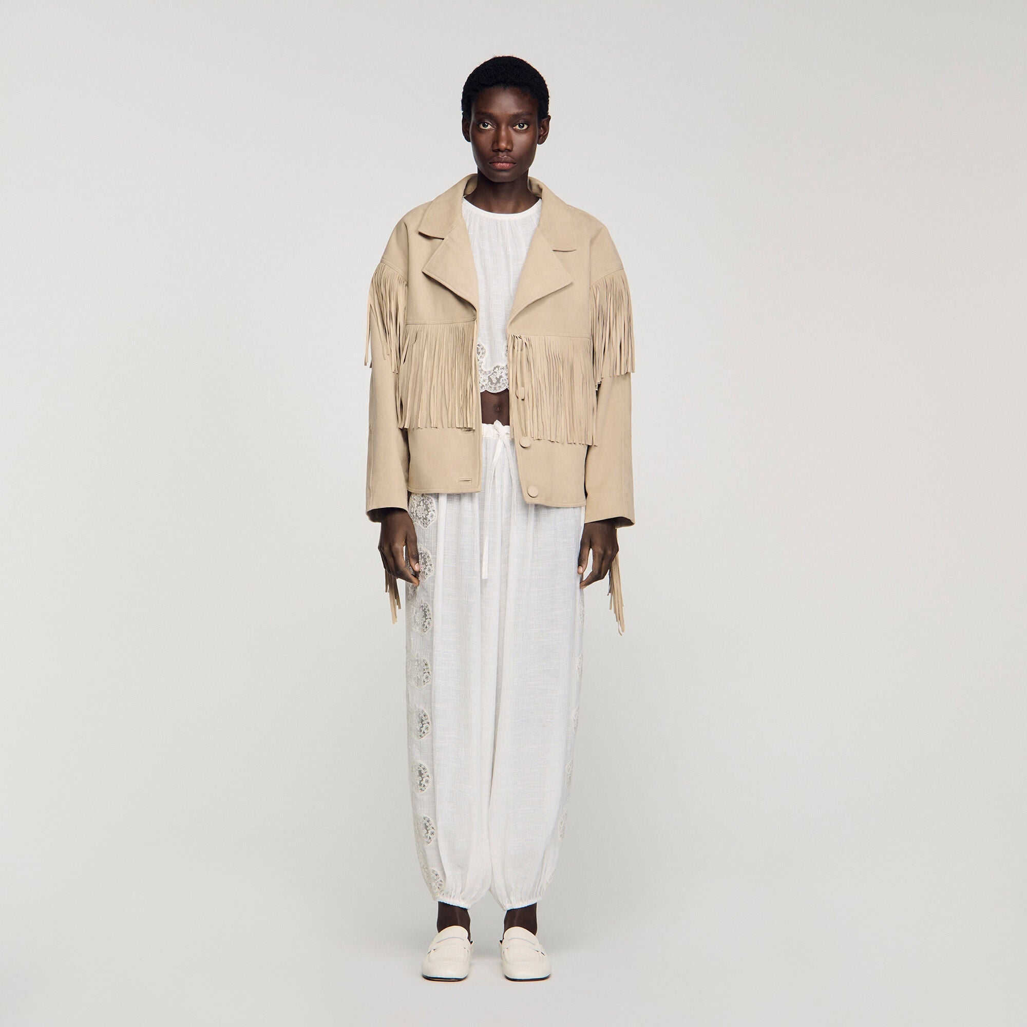 Jackie Fringed Suede Jacket Beige