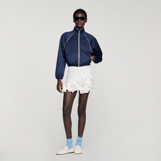 Lizy Embroidered Cropped Satin Jacket Navy / Black