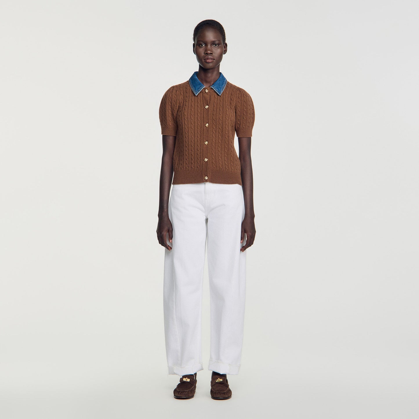 Mado Cardigan with denim collar Brown