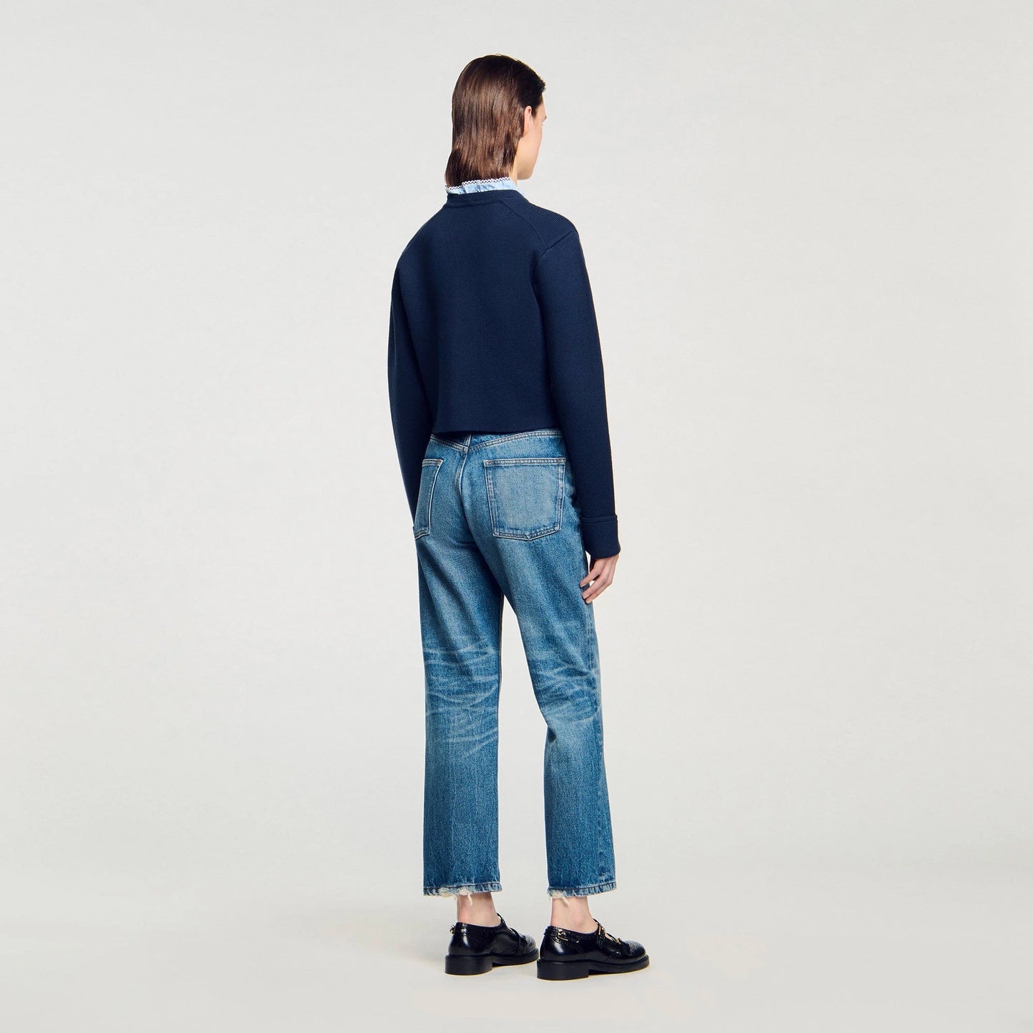 Meunie Cardigan With Ruffle Collar Navy Blue