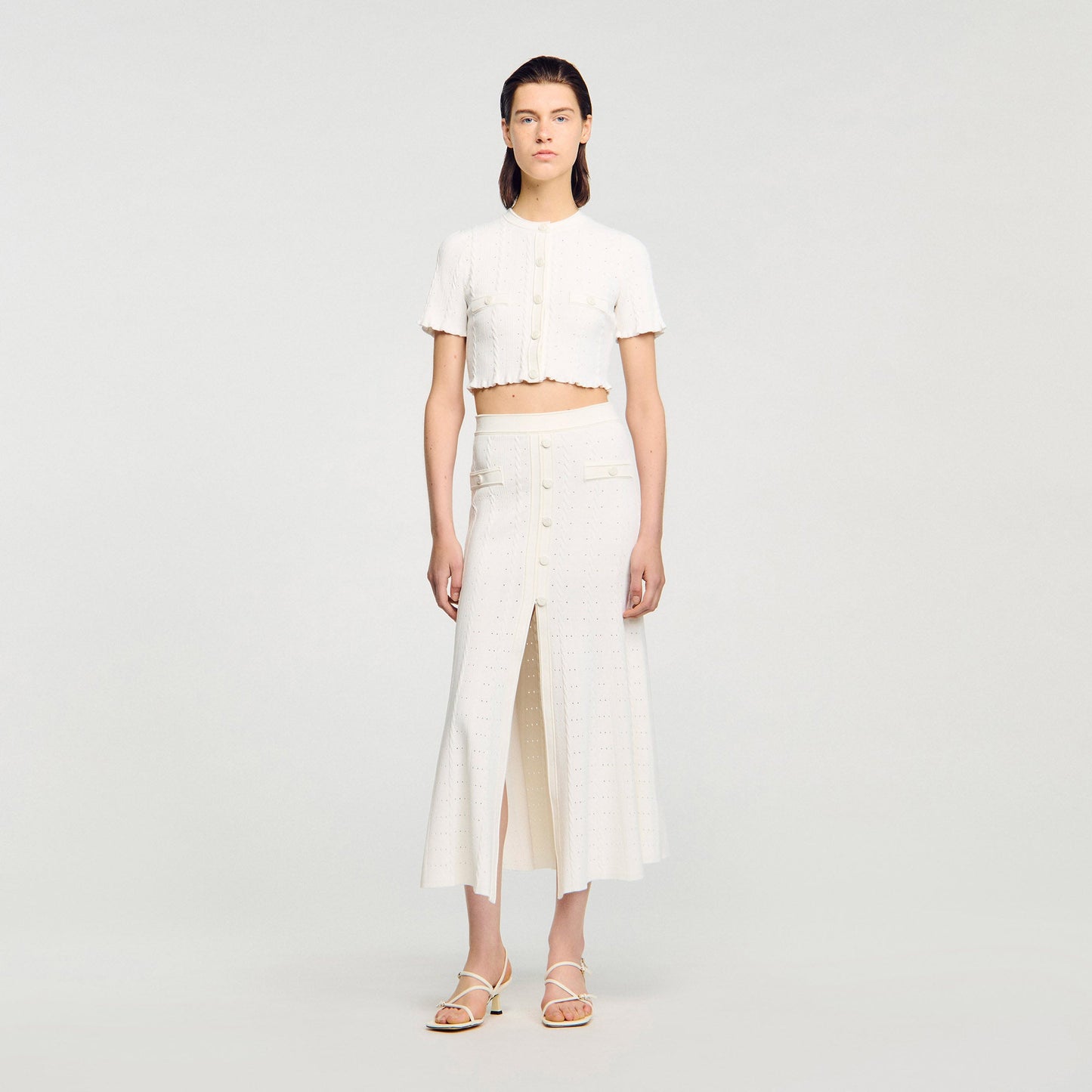 Nice Cropped Pointelle Knit Cardigan Ecru