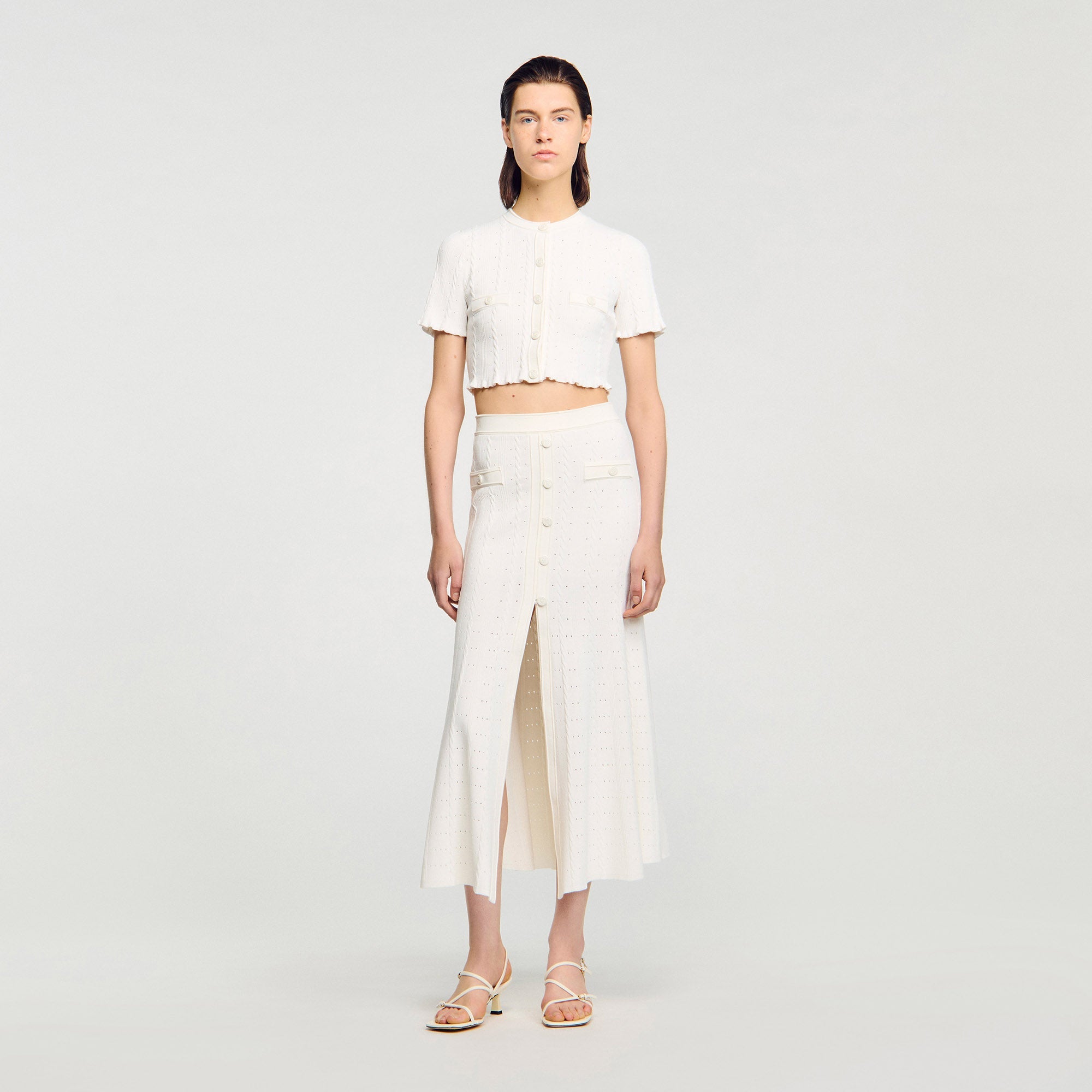 Nice Cropped Pointelle Knit Cardigan Ecru