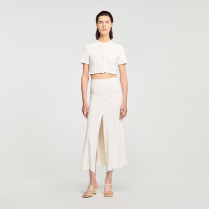 Nice Cropped Pointelle Knit Cardigan Ecru