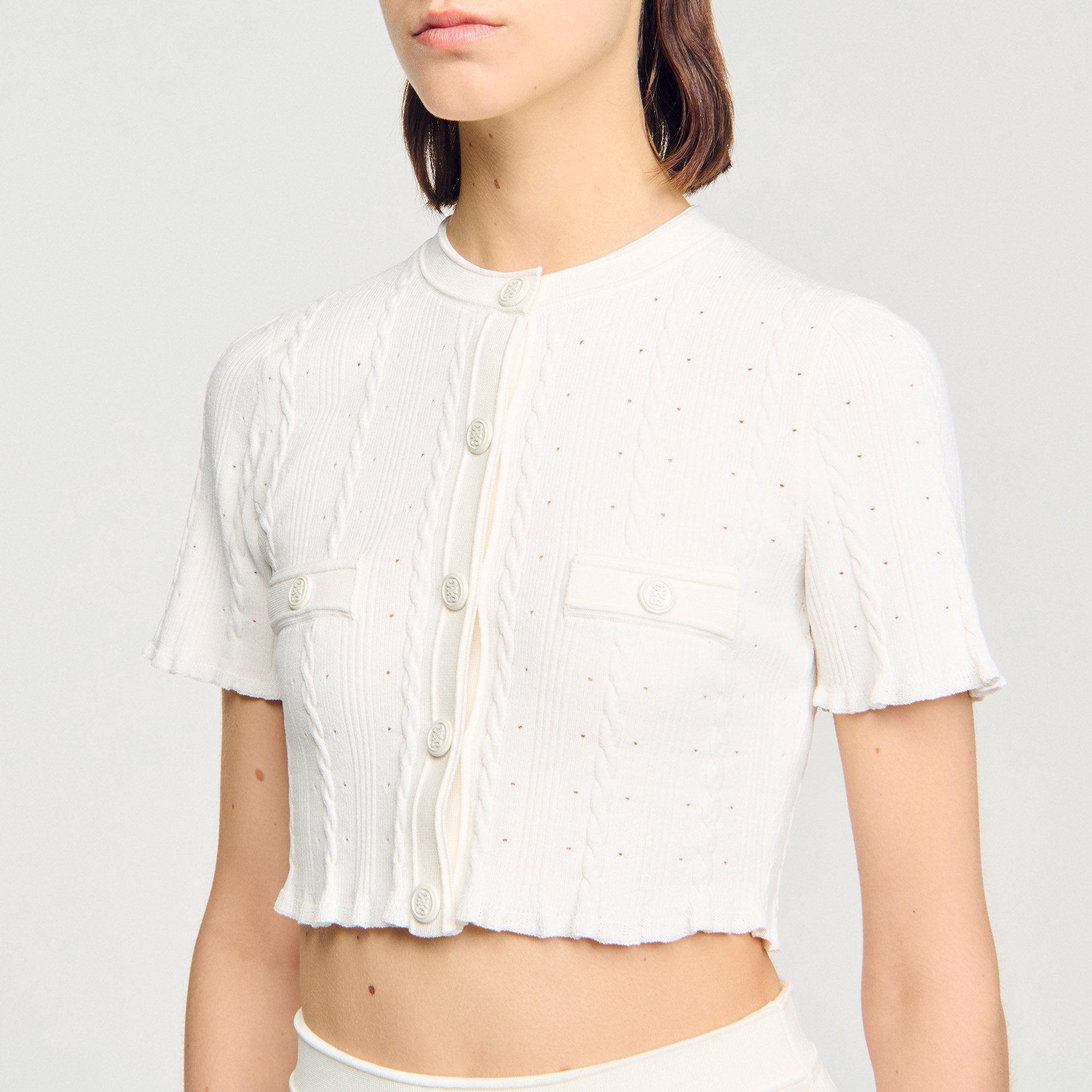 Nice Cropped Pointelle Knit Cardigan Ecru