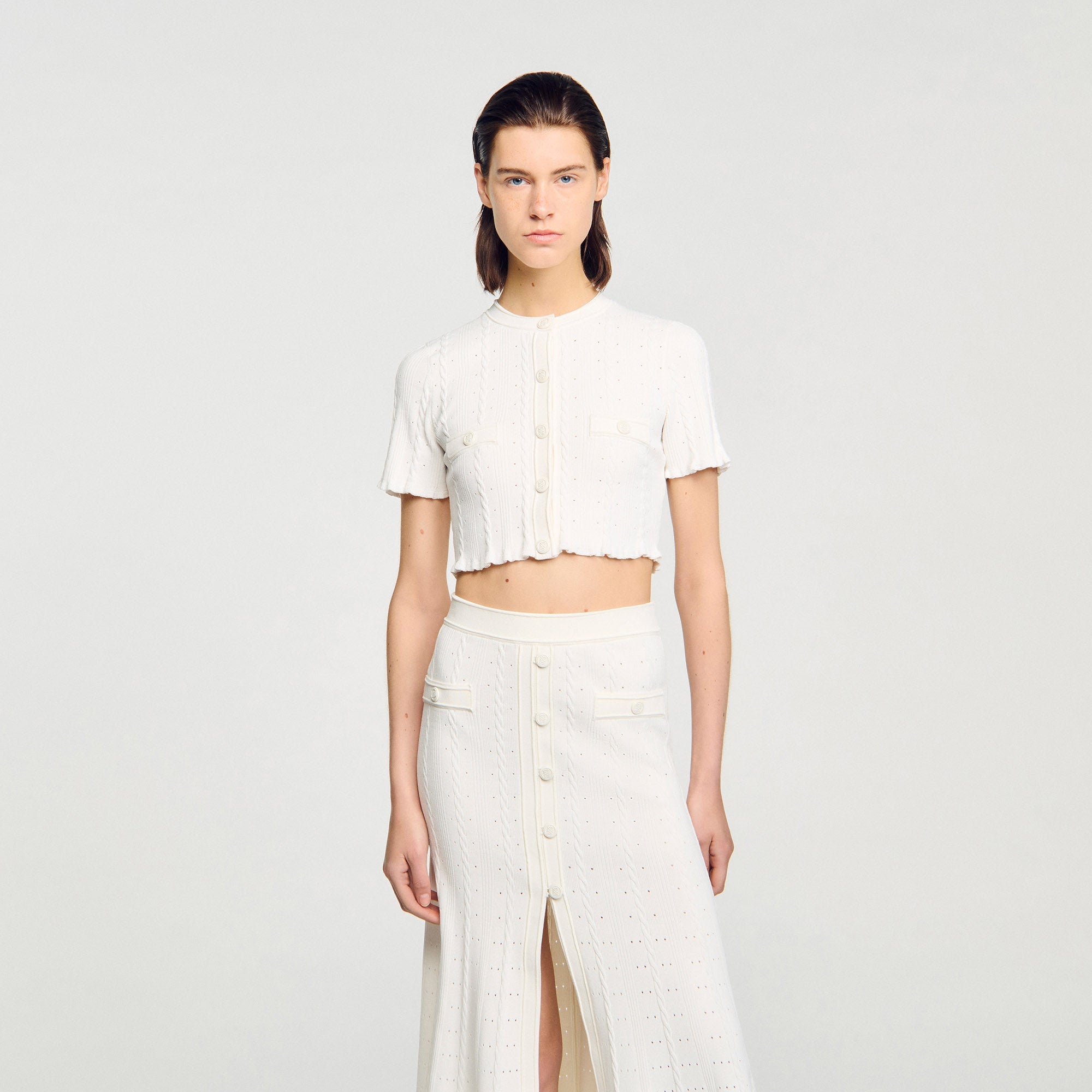 Nice Cropped Pointelle Knit Cardigan Ecru