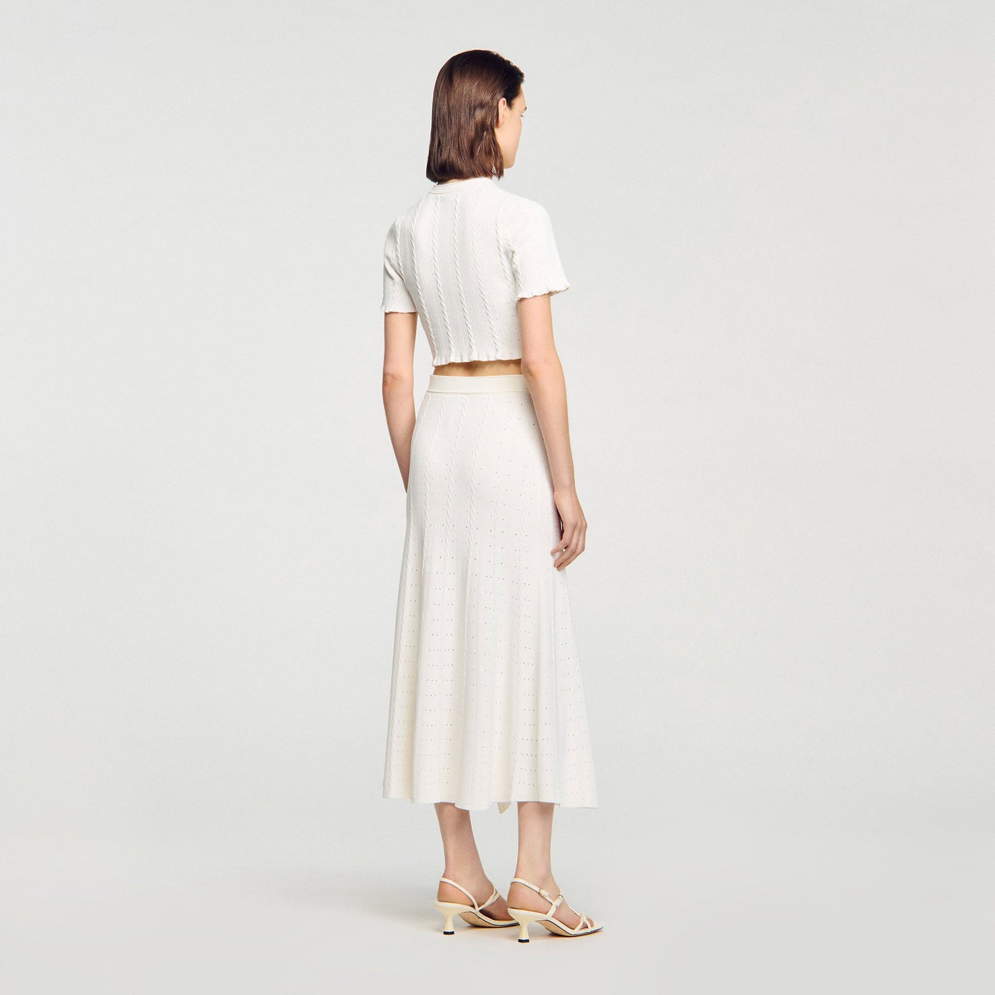 Nice Cropped Pointelle Knit Cardigan Ecru