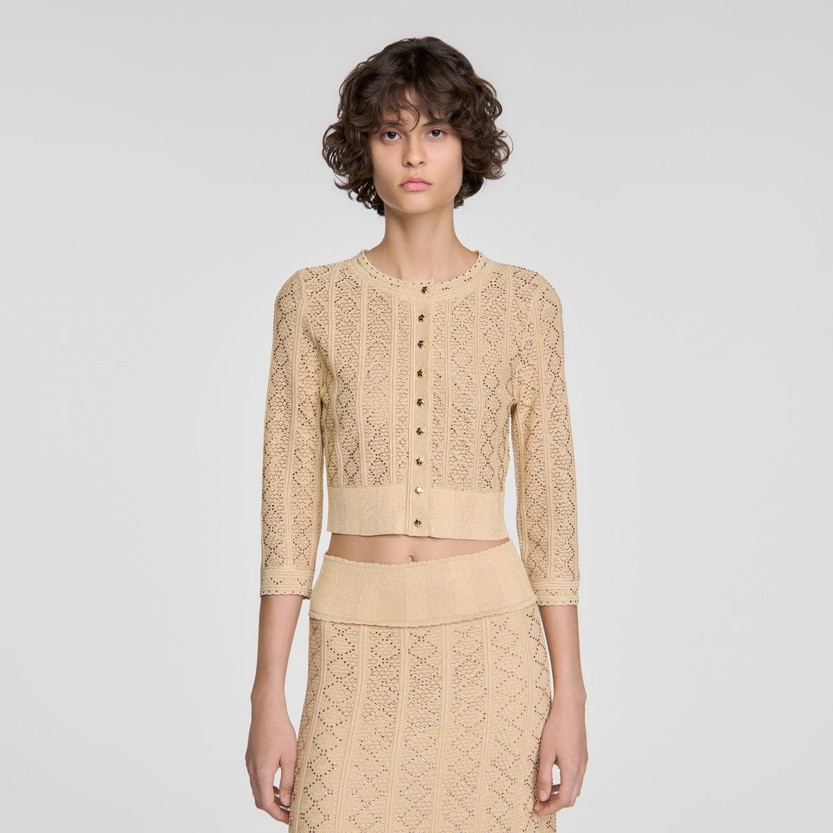 Lisane Cropped rhinestone knit cardigan Vanilla