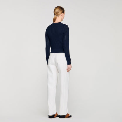 Flavio Cropped Textured Knit Cardigan Navy Blue