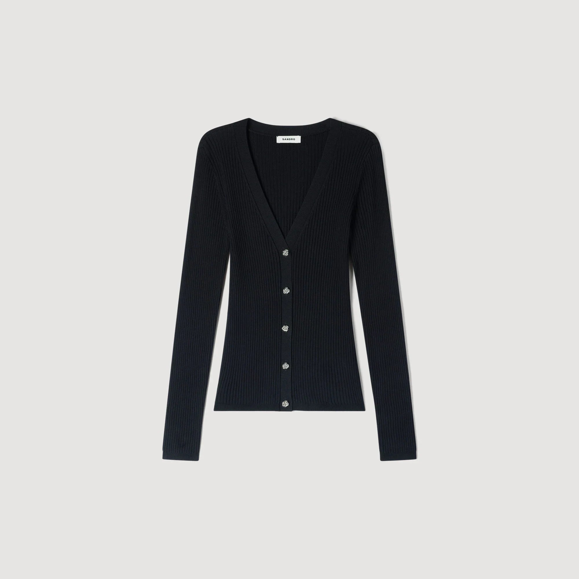 Gabie Ribbed Cardigan With Fancy Buttons Black