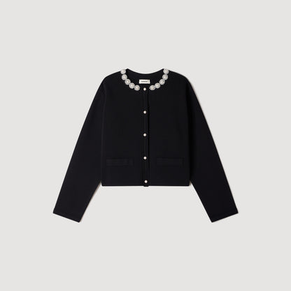Aubrey Cardigan with pearl flower collar Black