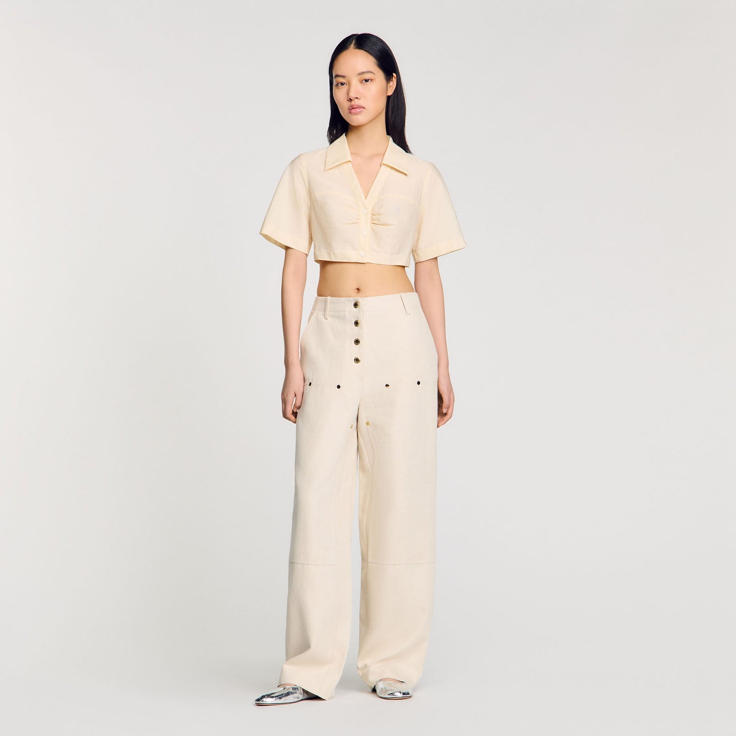 Cropped Gathered Shirt Ecru