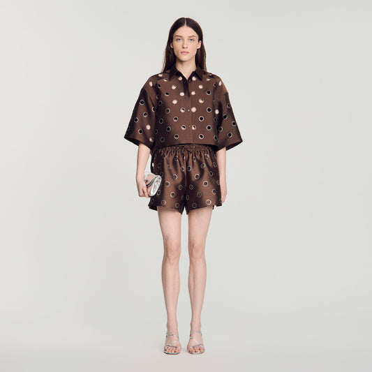 Jupiter Denim Shirt with Rhinestones Brown