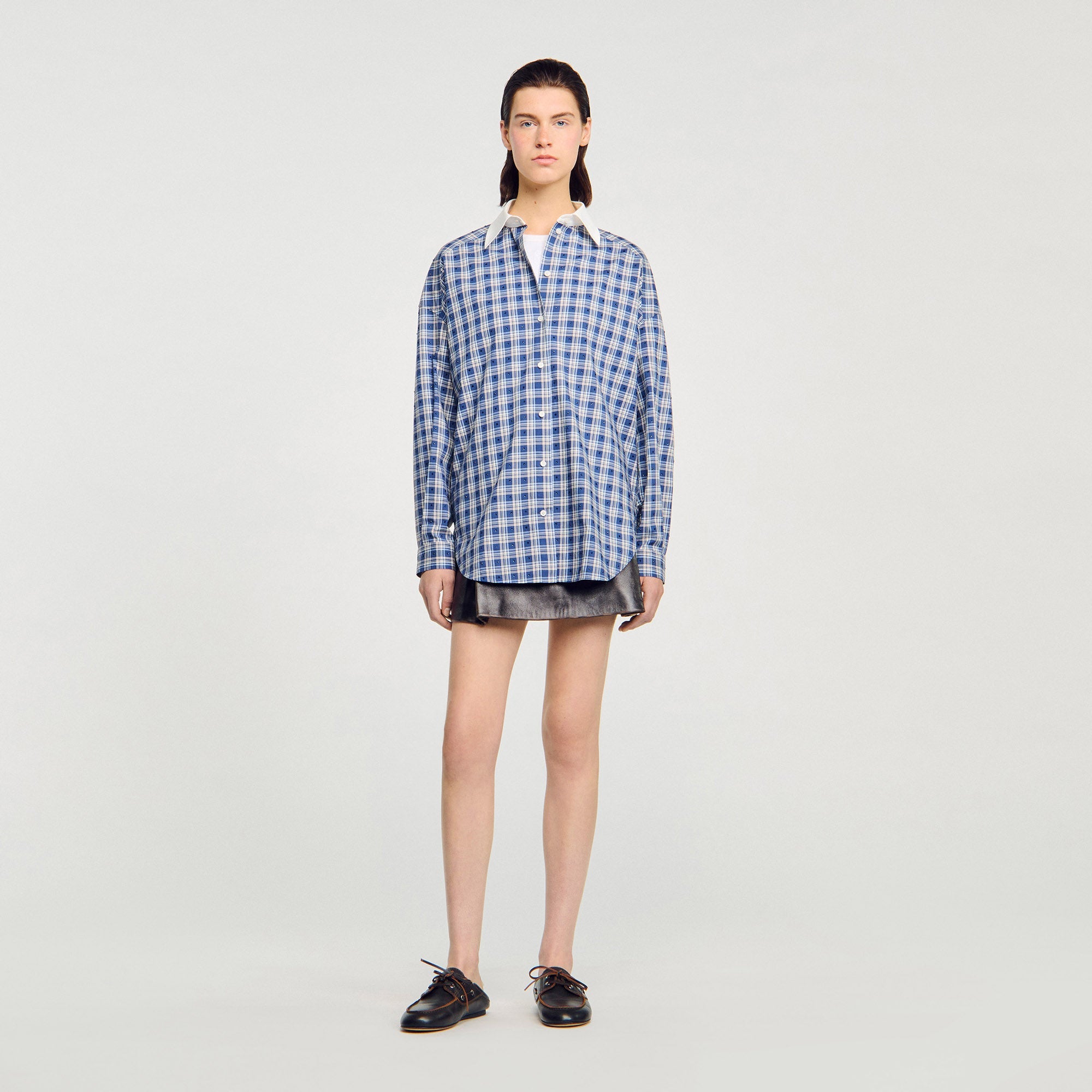 Tova Rhinestone Check Shirt Blue