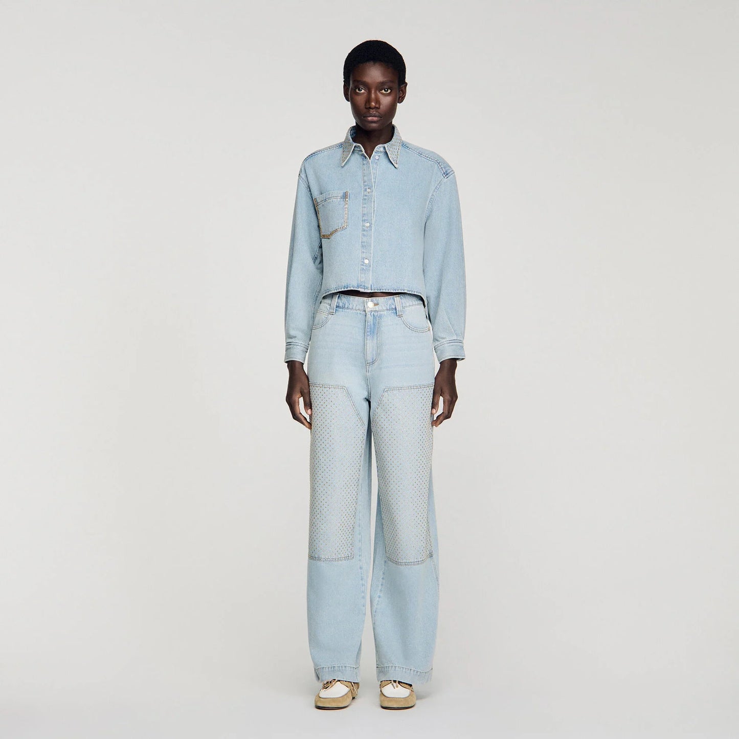 Lady Rhinestone Cropped Denim Shirt Light Blue Jean