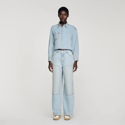Lady Rhinestone Cropped Denim Shirt Light Blue Jean