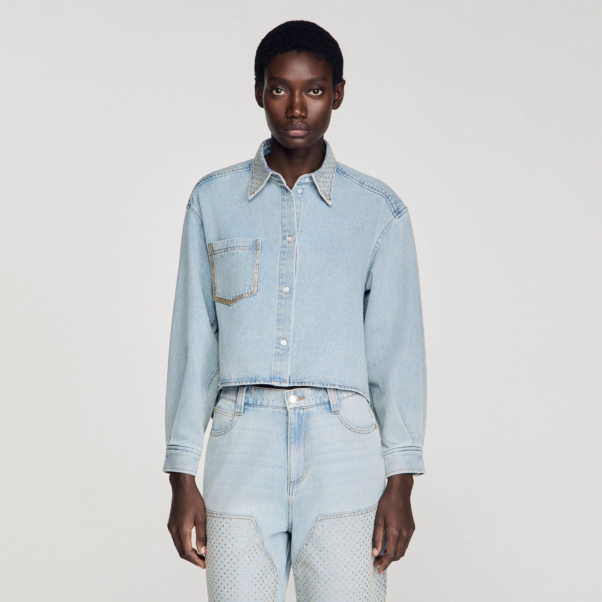 Lady Rhinestone Cropped Denim Shirt Light Blue Jean