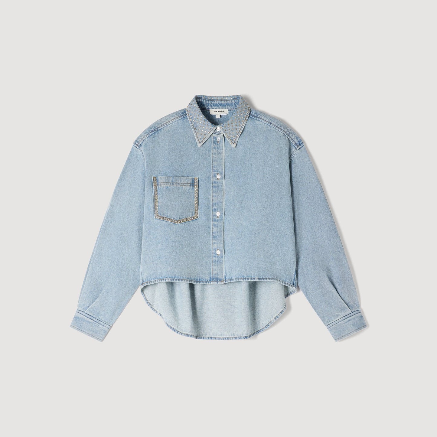 Lady Rhinestone Cropped Denim Shirt Light Blue Jean