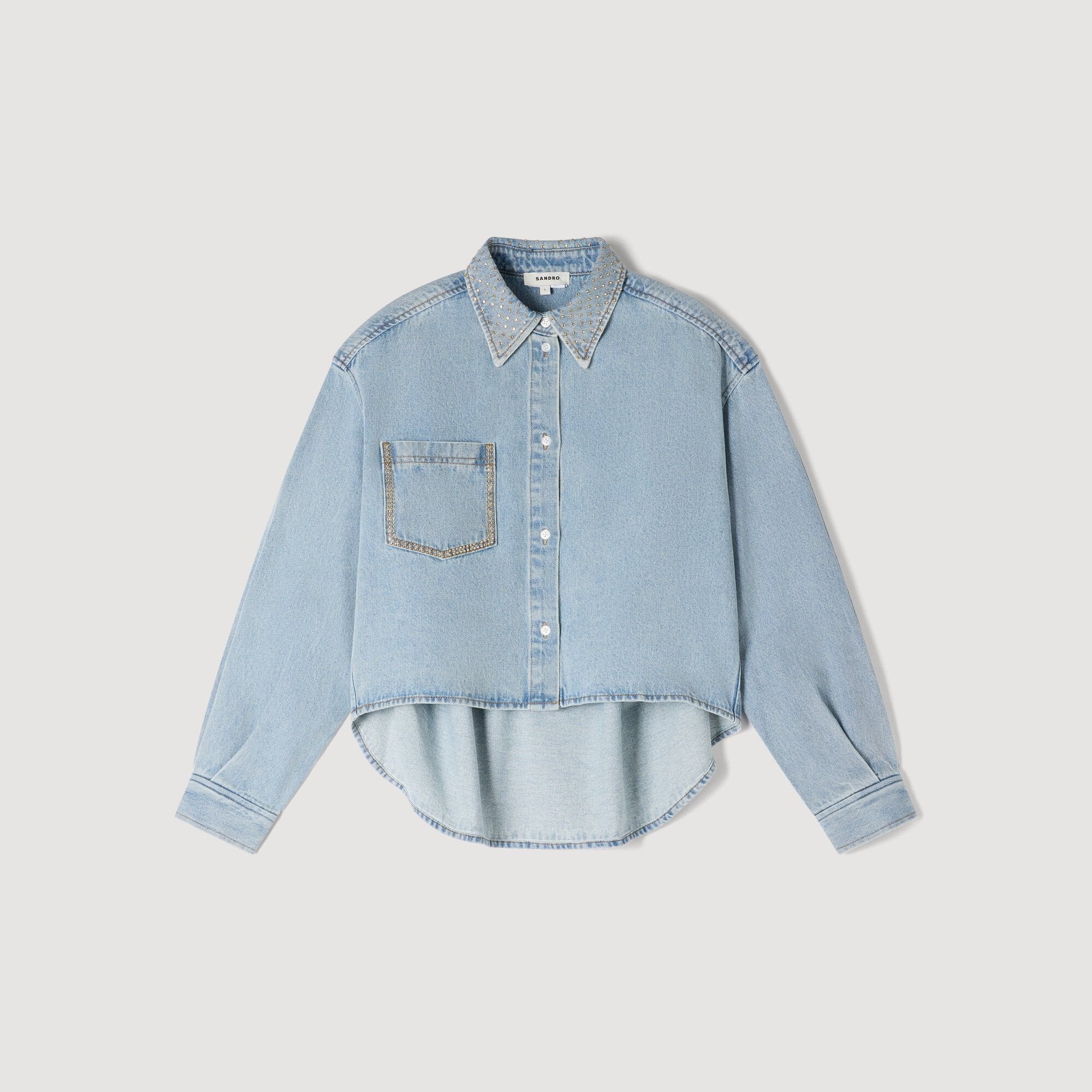 Lady Rhinestone Cropped Denim Shirt Light Blue Jean