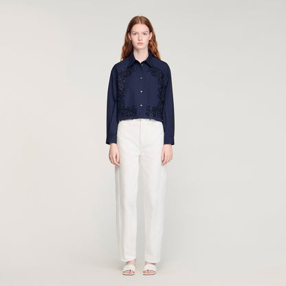 Tiana Floral Embroidered Cotton Shirt Navy Blue