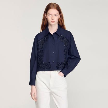 Tiana Floral Embroidered Cotton Shirt Navy Blue