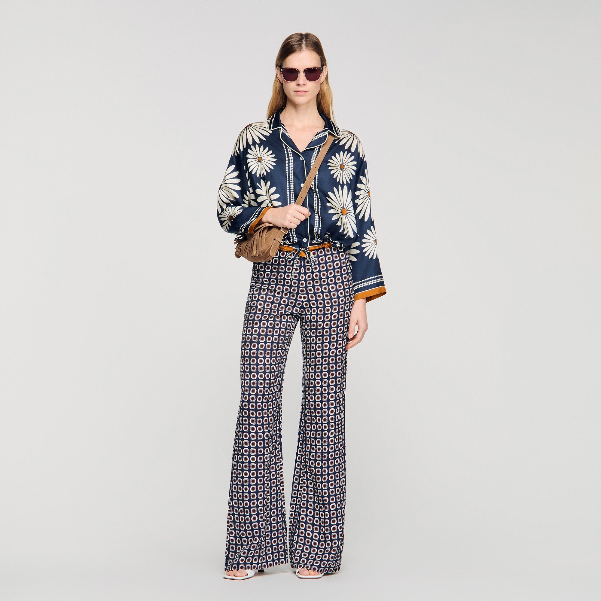 Dahlia Floral Print Silk Shirt Deep Blue / Ocher