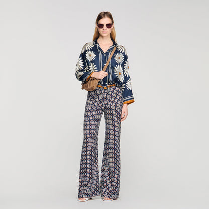 Dahlia Floral Print Silk Shirt Deep Blue / Ocher