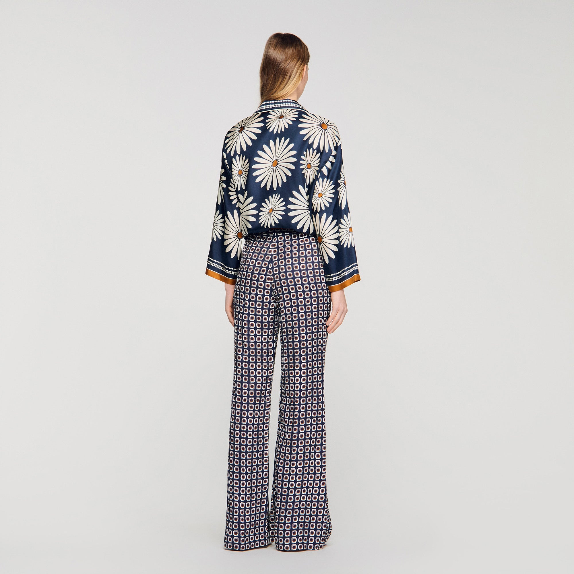 Dahlia Floral Print Silk Shirt Deep Blue / Ocher