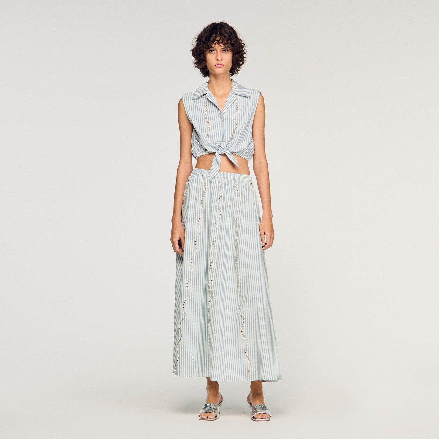 Lucio Cropped Striped Rhinestone Shirt Blue