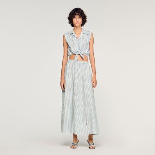 Lucio Cropped Striped Rhinestone Shirt Blue
