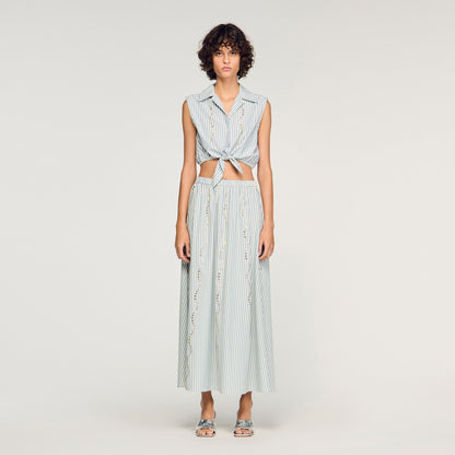 Lucio Cropped Striped Rhinestone Shirt Blue