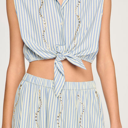 Lucio Cropped Striped Rhinestone Shirt Blue