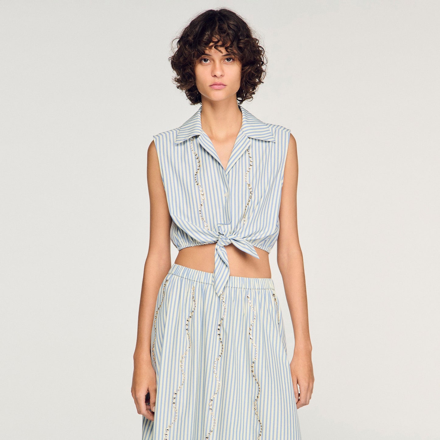 Lucio Cropped Striped Rhinestone Shirt Blue