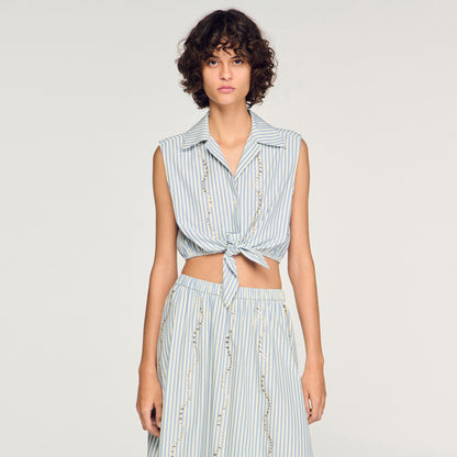 Lucio Cropped Striped Rhinestone Shirt Blue