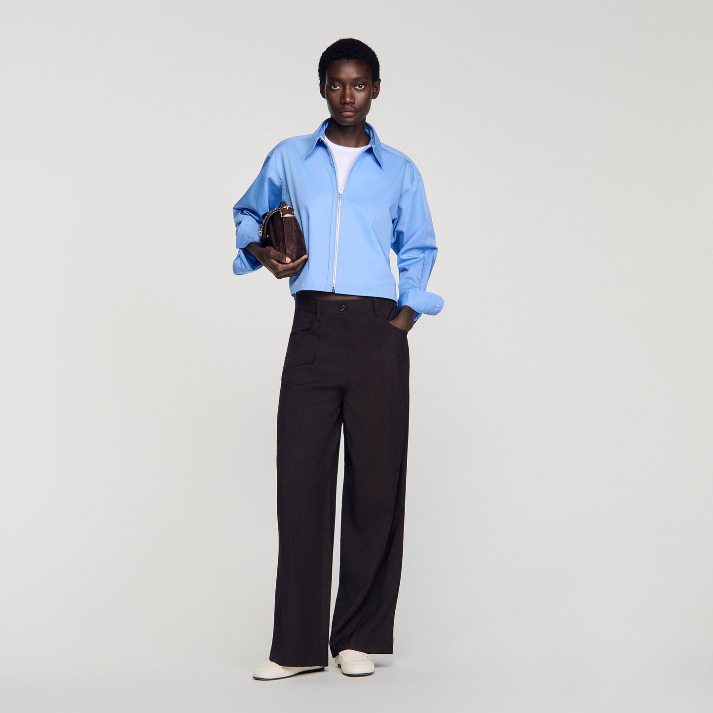 Julianna Cropped Logo Zip Cotton Shirt Blue
