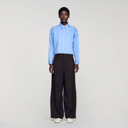 Julianna Cropped Logo Zip Cotton Shirt Blue