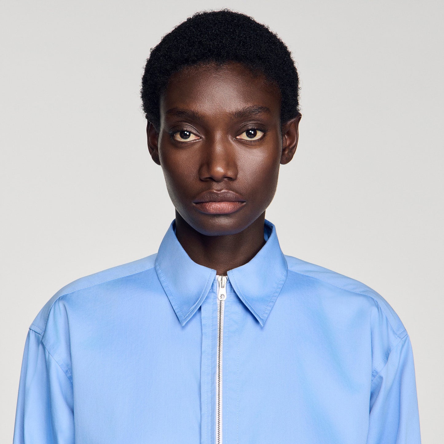 Julianna Cropped Logo Zip Cotton Shirt Blue