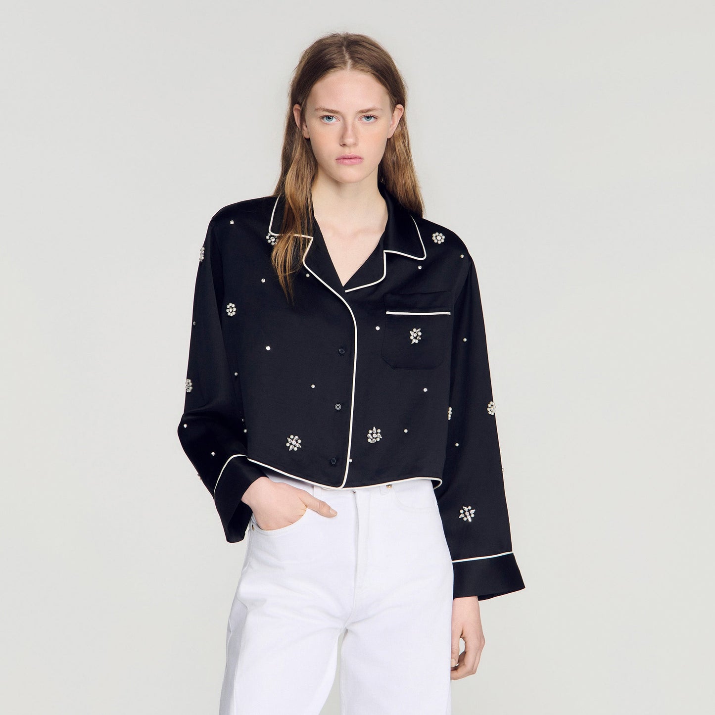 Nerissea  Shirt with beads & rhinestones  Black