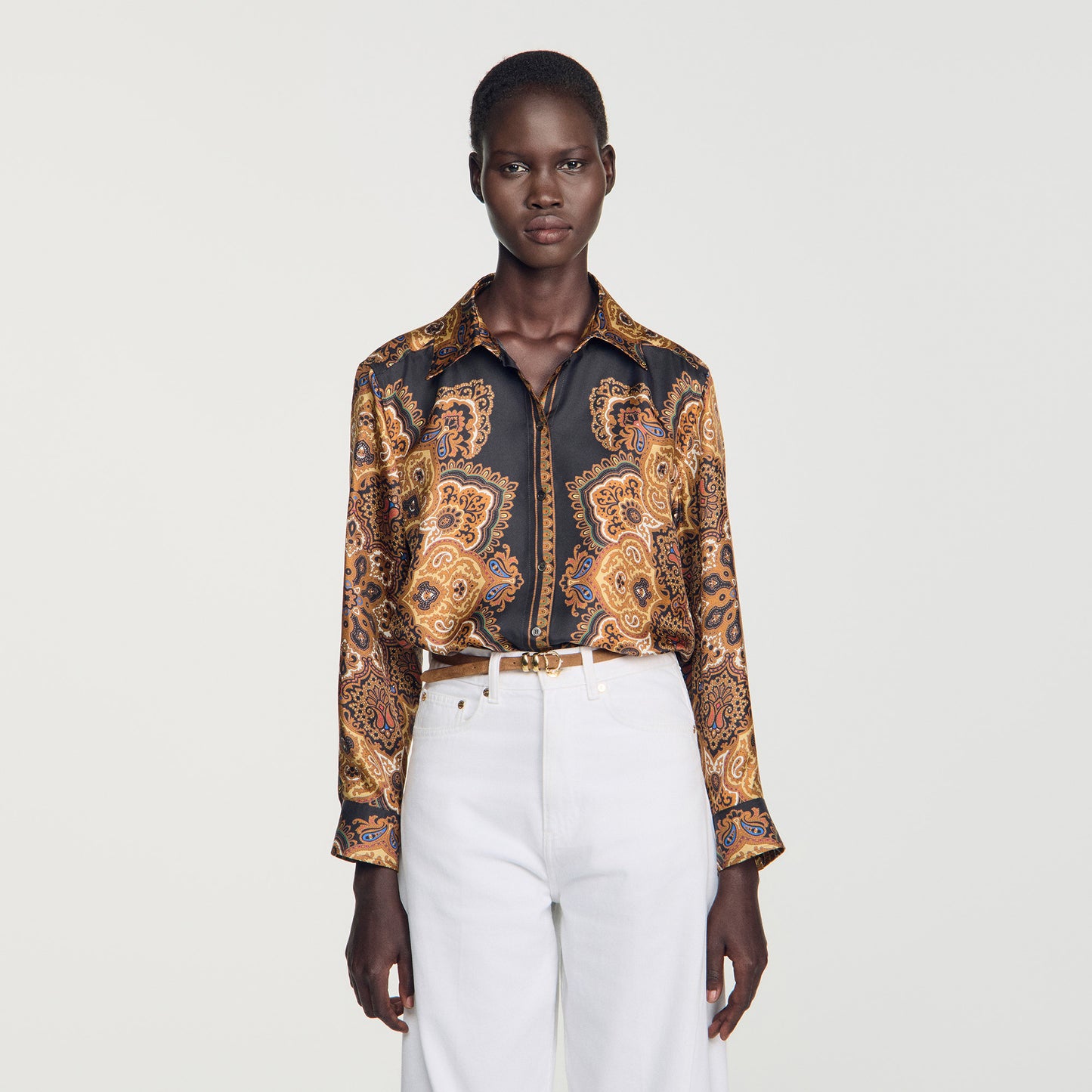 Harlow Scarf print silk shirt Black / Ocher