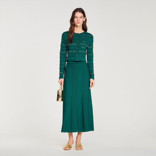 Vanea Beaded Textured Knit Skirt Dark Green